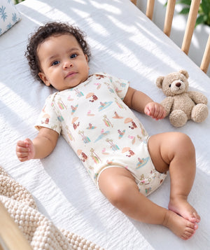 Beach-print baby onesie, casual baby bodysuit.