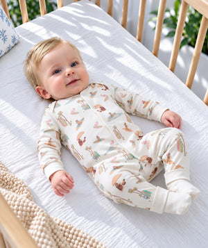 Beach-print baby romper, one-piece outfit for warm-weather babywear.