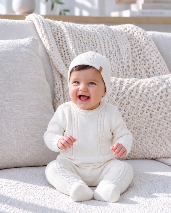 Baby wearing comfortable knit clothing in a joyful baby fashion portrait.