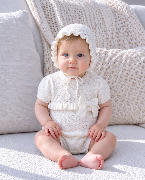 Baby wearing an ivory knitted bonnet in a cozy portrait showcasing soft baby accessories.