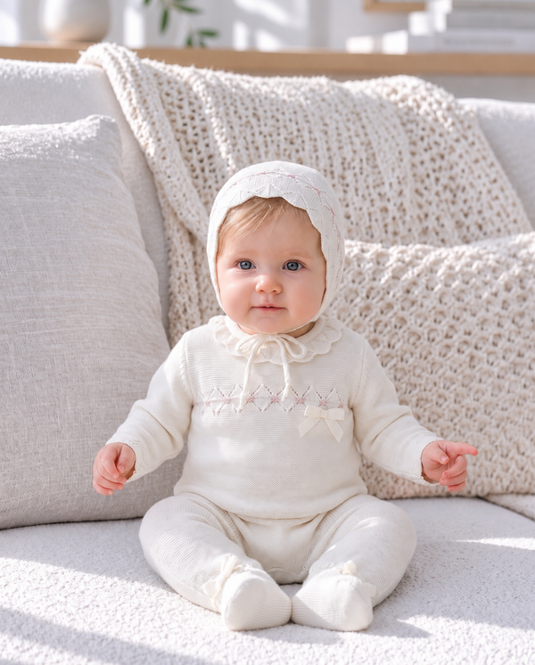 Baby portrait featuring a soft knitted bonnet and cozy baby clothing.