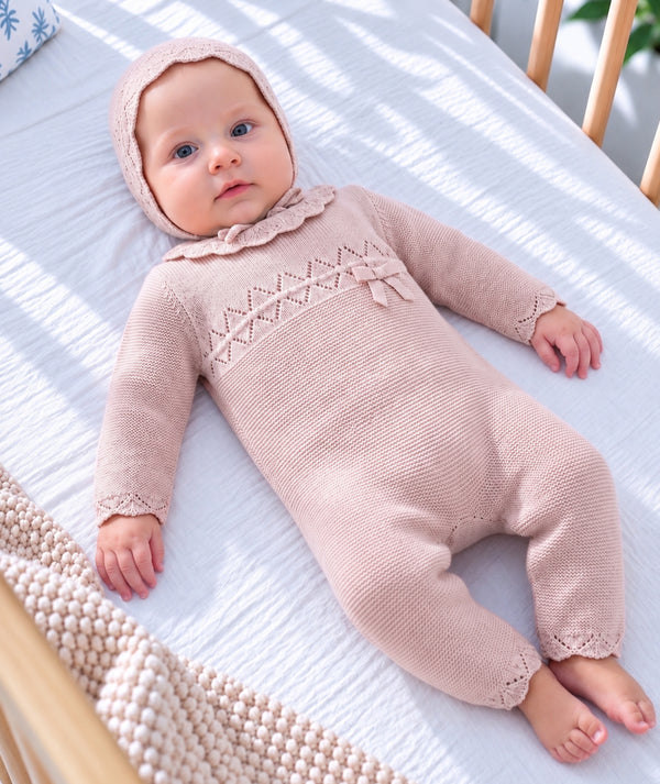 Pink knitted baby outfit set for cozy everyday baby clothing.