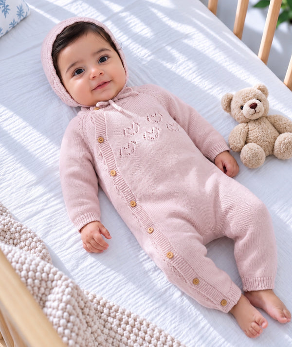 Pink knitted baby romper shown in a soft knitwear editorial.