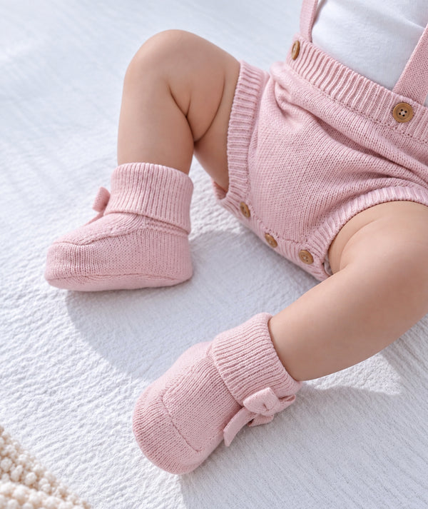 Pink knitted baby booties, soft newborn footwear accessory.