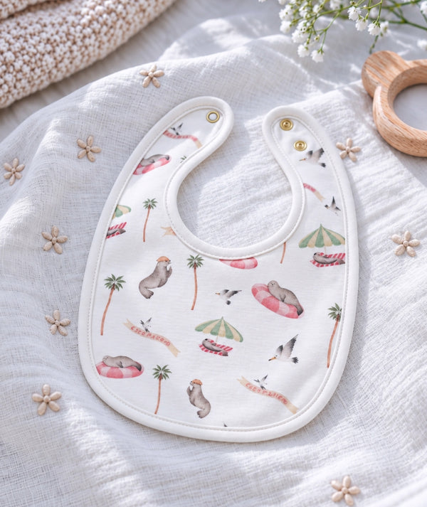 Pool Party print baby bib for everyday feeding and mealtimes.