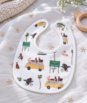Road Trip print baby bibs displayed as a coordinated set.