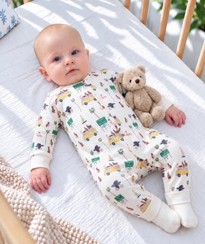 Road Trip print baby romper, playful one-piece baby clothing.