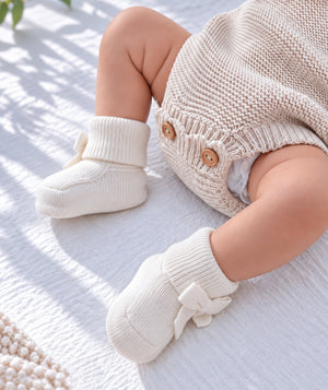 White baby booties, soft knitted footwear for newborn outfits.