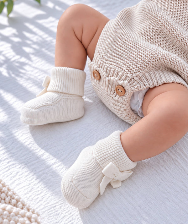 White baby booties, soft knitted footwear for newborn outfits.