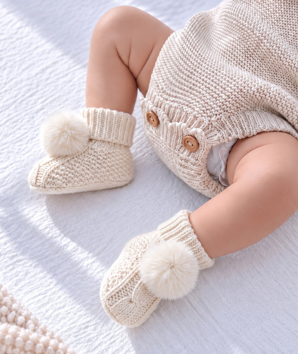 White puff baby booties, soft footwear for newborn outfits.