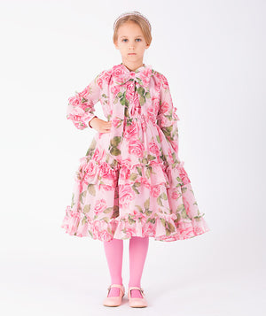 Front view of Chiffon Layers Rose Girls Dress in pink chiffon for girls ages 3 to 12, showing overall silhouette and styling
