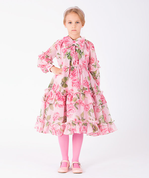 Front view of Chiffon Layers Rose Girls Dress in pink chiffon for girls ages 3 to 12, showing overall silhouette and styling