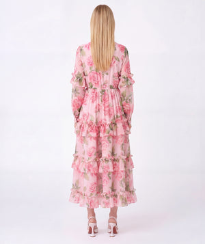 Back view of Chiffon Layers Rose Women's Dress in chiffon, highlighting neckline, sleeves and embellishments