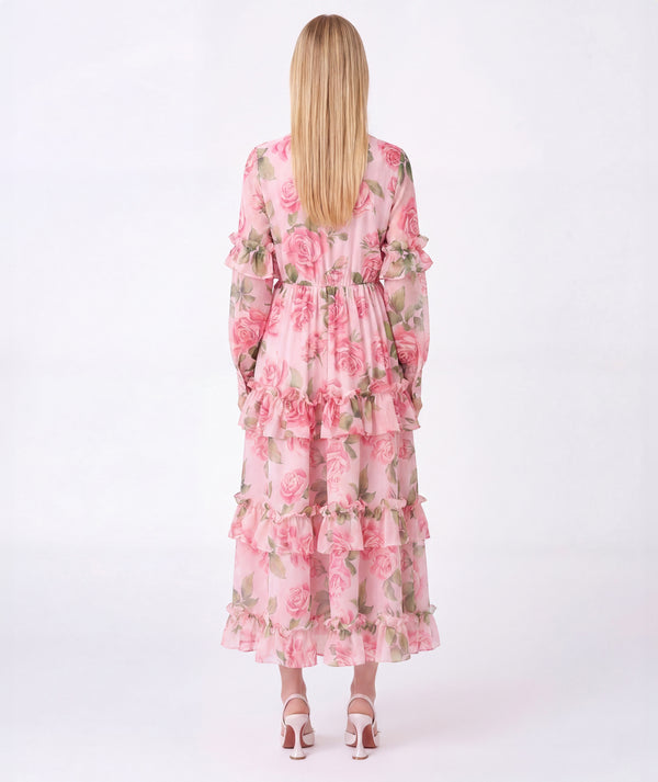 Back view of Chiffon Layers Rose Women's Dress in chiffon, highlighting neckline, sleeves and embellishments