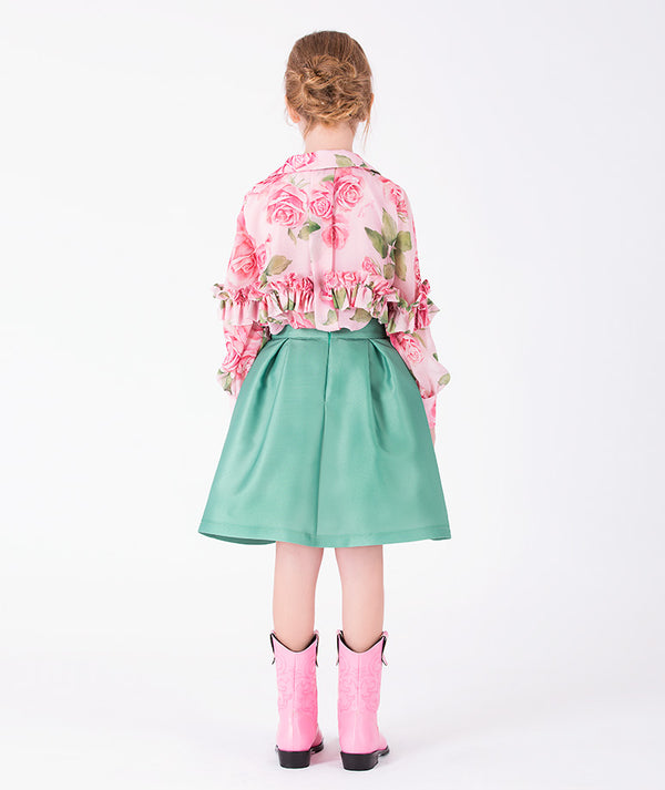 Back view of Chiffon Rose Girls Outfit | 2 Pieces in mint chiffon for girls ages 3 to 12, highlighting tailoring, closure and finishing