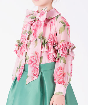 Editorial view of Chiffon Rose Girls Outfit | 2 Pieces in mint chiffon for girls ages 3 to 12, featuring fabric texture and color