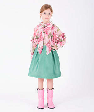 Front view of Chiffon Rose Girls Outfit | 2 Pieces in mint chiffon for girls ages 3 to 12, showing overall silhouette and styling