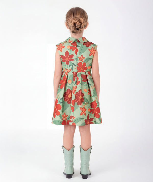 Back view of Coral Botanical Girls Dress in mint green for girls ages 3 to 12, showing the silhouette and refined construction