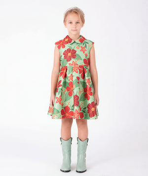 Front view of Coral Botanical Girls Dress in mint green for girls ages 3 to 12, a premium children’s design by Mama Luma
