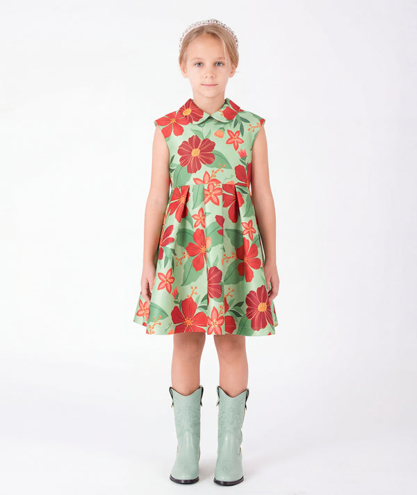 Front view of Coral Botanical Girls Dress in mint green for girls ages 3 to 12, a premium children’s design by Mama Luma