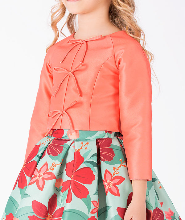 Back view of Coral Botanical Girls Outfit | 2 Pieces in mint green for girls ages 3 to 12, showing the silhouette and refined construction