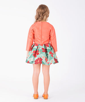 Close-up of Coral Botanical Girls Outfit | 2 Pieces in mint green for girls ages 3 to 12, highlighting fabric texture and designer details