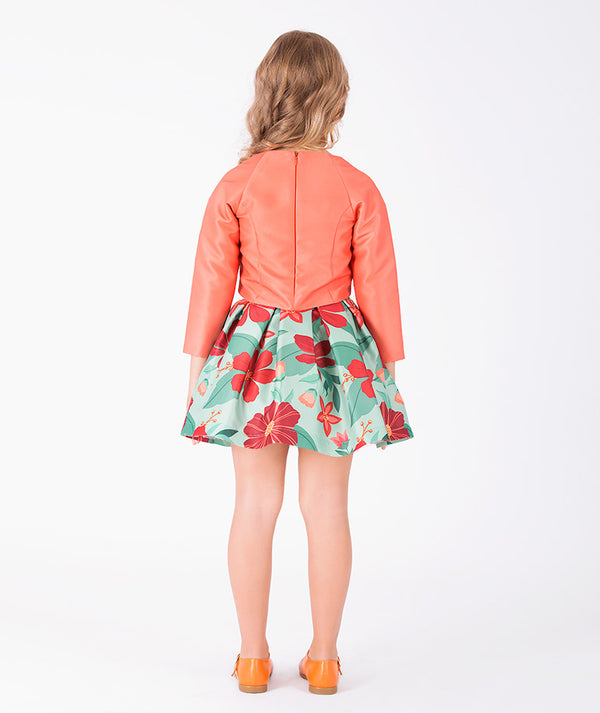 Close-up of Coral Botanical Girls Outfit | 2 Pieces in mint green for girls ages 3 to 12, highlighting fabric texture and designer details