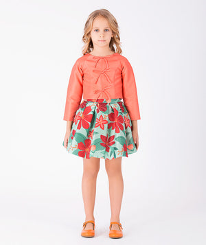 Front view of Coral Botanical Girls Outfit | 2 Pieces in mint green for girls ages 3 to 12, a premium children’s design by Mama Luma