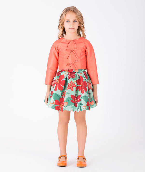 Front view of Coral Botanical Girls Outfit | 2 Pieces in mint green for girls ages 3 to 12, a premium children’s design by Mama Luma