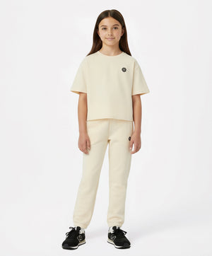 Girls cream short-sleeve active t-shirt and jogger set, designed for school days, playground fun, weekend outings, and sports activities, available in sizes 3–14Y.