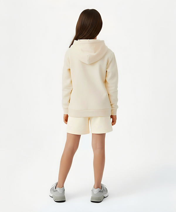 Back view of cream girls active hoodie and shorts set — cozy lightweight hooded sweatshirt paired with relaxed-fit shorts, perfect for school, sports practice, weekend outings, and everyday comfort; available in sizes 3–14 years.