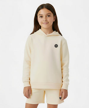 Premium cream cotton hoodie for kids aged 3 to 14, modern activewear design