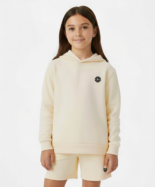 Premium cream cotton hoodie for kids aged 3 to 14, modern activewear design