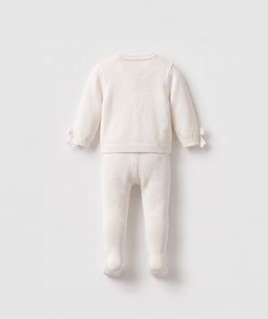 Ivory knit baby cardigan with footed leggings luxury baby knit set perfect for special occasions