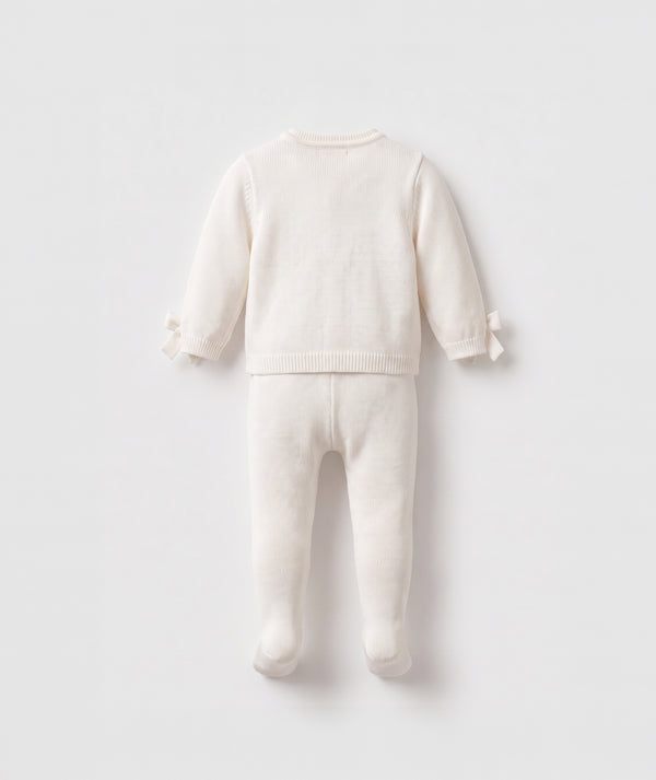 Ivory knit baby cardigan with footed leggings luxury baby knit set perfect for special occasions