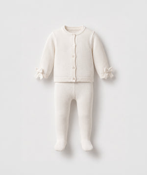 Ivory knit baby cardigan with footed leggings luxury baby knit set perfect for special occasions