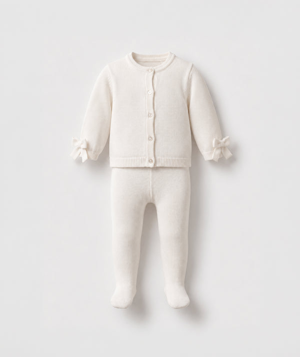 Ivory knit baby cardigan with footed leggings luxury baby knit set perfect for special occasions