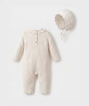Ivory diamond knit baby romper with matching bonnet luxury heirloom baby outfit perfect for special occasions