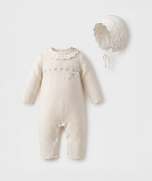Ivory diamond knit baby romper with matching bonnet luxury heirloom baby outfit perfect for special occasions