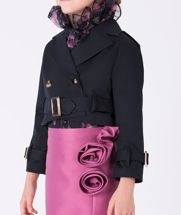 Mama Luma Cropped Trench-Style Girls Jacket — Navy tailored cropped jacket for city outings, school, and stylish everyday wear, ages 3–12Y