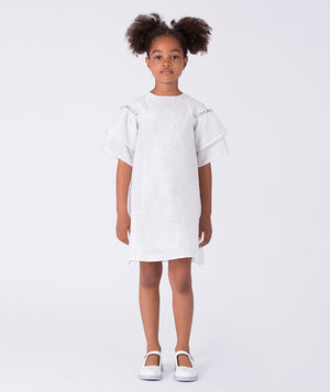 Crystal embellished girls dress in white with clean silhouette and layered short sleeves, designed for elegant formal occasions