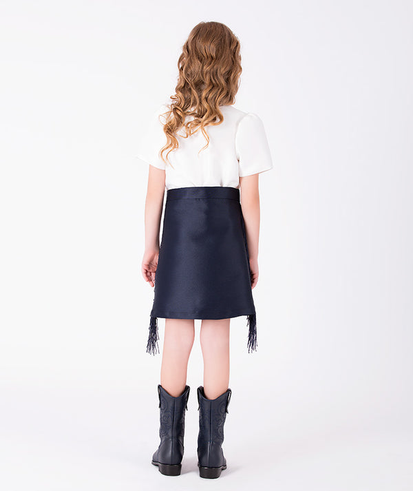 Back view of Crystal Tassel Girls Outfit | 2 Pieces in ivory satin for girls ages 3 to 12, showing the silhouette and refined construction
