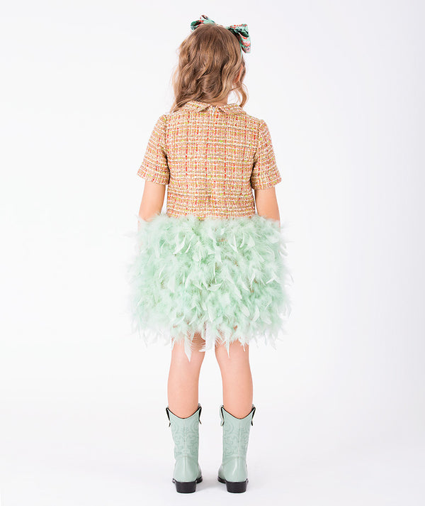 Back view of Crystal Tweed Feathers Girls Dress in coral tweed for girls ages 3 to 12, showing the silhouette and refined construction