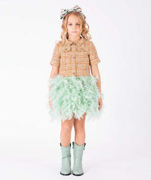 Front view of Crystal Tweed Feathers Girls Dress in coral tweed for girls ages 3 to 12, a premium children’s design by Mama Luma