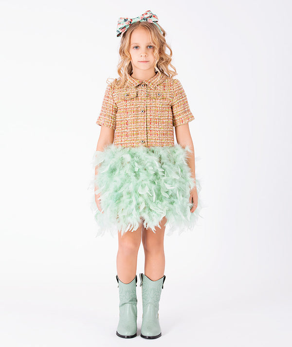 Front view of Crystal Tweed Feathers Girls Dress in coral tweed for girls ages 3 to 12, a premium children’s design by Mama Luma