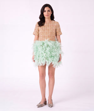 Front view of Crystal Tweed Feathers Women's Dress featuring textured tweed and a voluminous mint feather skirt.