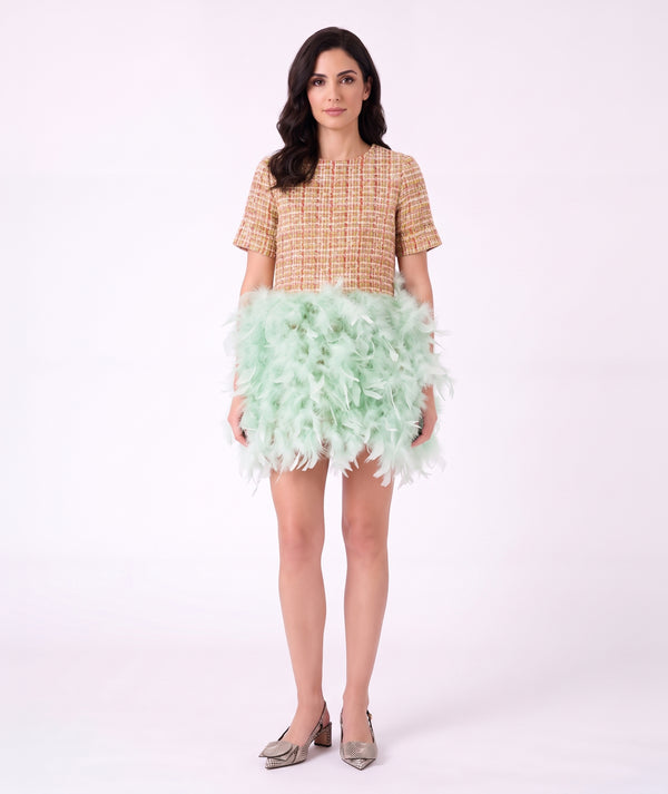 Front view of Crystal Tweed Feathers Women's Dress featuring textured tweed and a voluminous mint feather skirt.