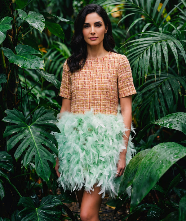 Crystal Tweed Feathers Women's Dress with mint feather skirt from Mama Luma’s Marambaia Collection.