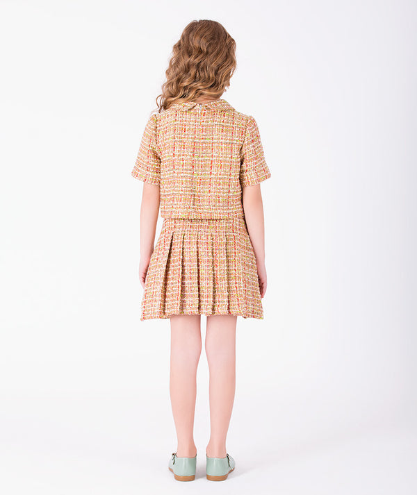 Back view of Cyrstal Tweed Girls Outfit | 2 Pieces in coral tweed for girls ages 3 to 12, showing the silhouette and refined construction