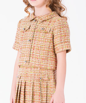 Close-up of Cyrstal Tweed Girls Outfit | 2 Pieces in coral tweed for girls ages 3 to 12, highlighting fabric texture and designer details